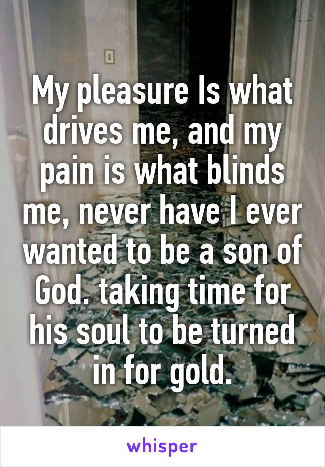 My pleasure Is what drives me, and my pain is what blinds me, never have I ever wanted to be a son of God. taking time for his soul to be turned in for gold.