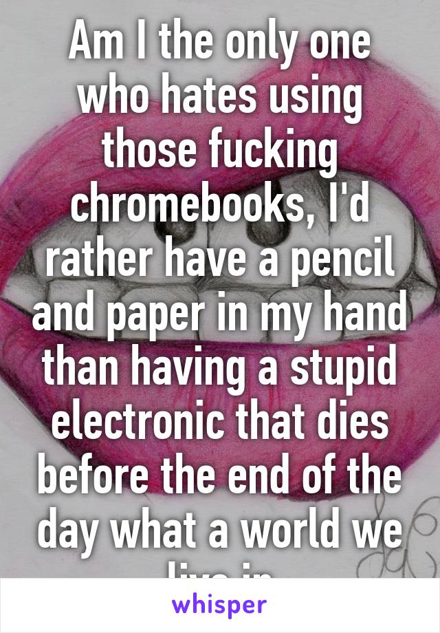 Am I the only one who hates using those fucking chromebooks, I'd rather have a pencil and paper in my hand than having a stupid electronic that dies before the end of the day what a world we live in