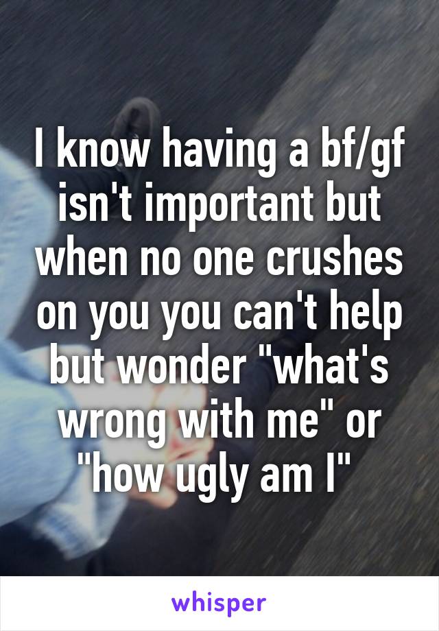 I know having a bf/gf isn't important but when no one crushes on you you can't help but wonder "what's wrong with me" or "how ugly am I" 