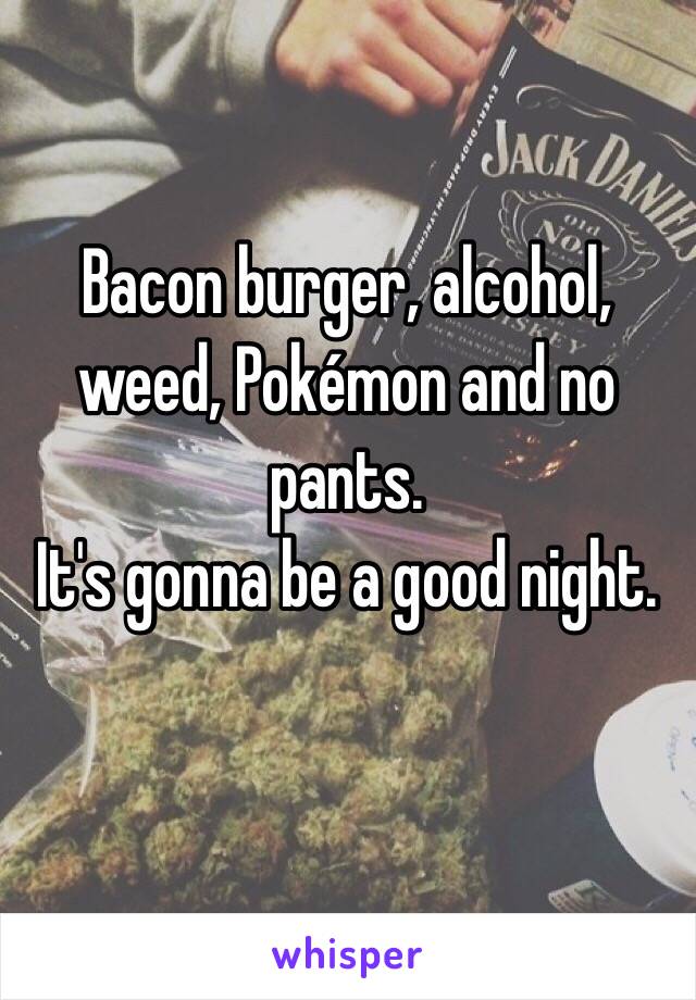 Bacon burger, alcohol, weed, Pokémon and no pants. 
It's gonna be a good night.