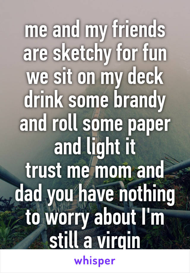 me and my friends are sketchy for fun
we sit on my deck drink some brandy and roll some paper and light it
trust me mom and dad you have nothing to worry about I'm still a virgin