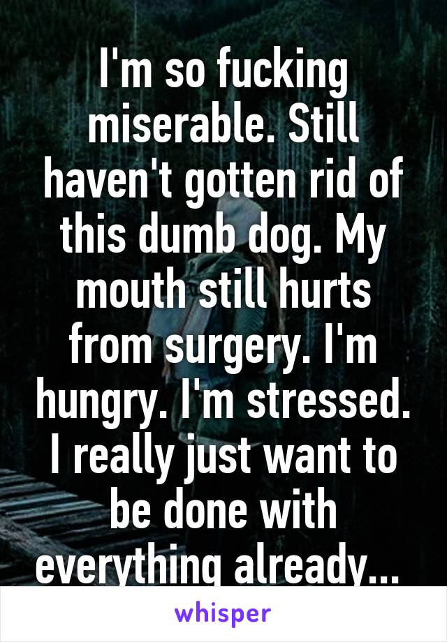 I'm so fucking miserable. Still haven't gotten rid of this dumb dog. My mouth still hurts from surgery. I'm hungry. I'm stressed. I really just want to be done with everything already... 