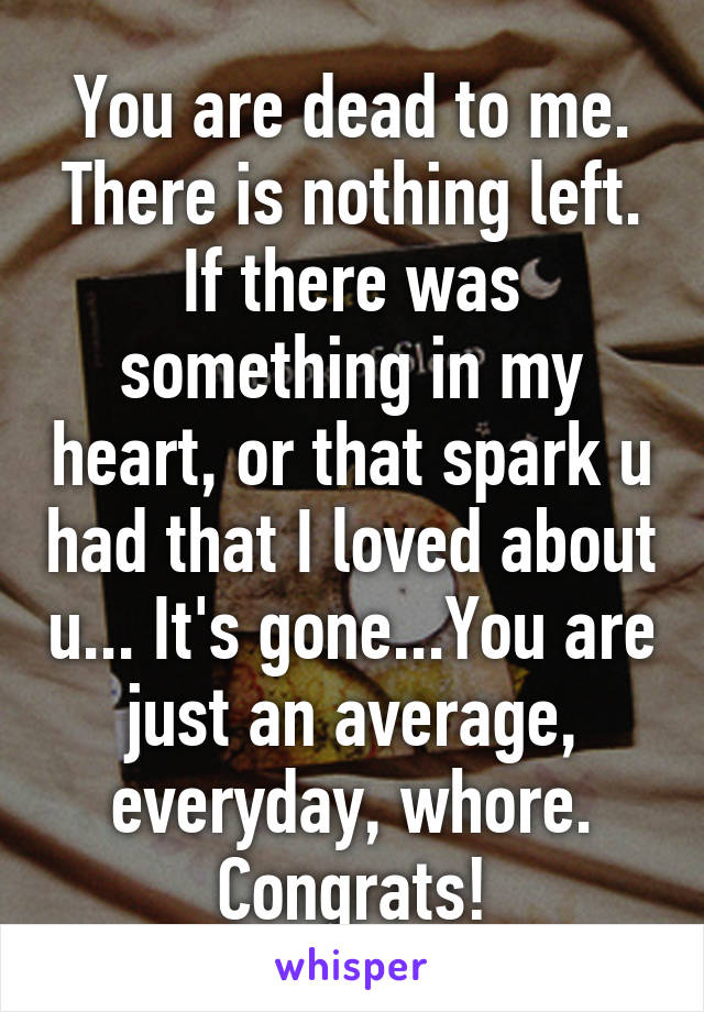 You are dead to me. There is nothing left. If there was something in my heart, or that spark u had that I loved about u... It's gone...You are just an average, everyday, whore.
Congrats!