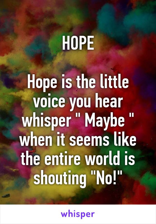 HOPE

Hope is the little voice you hear whisper " Maybe " when it seems like the entire world is shouting "No!"