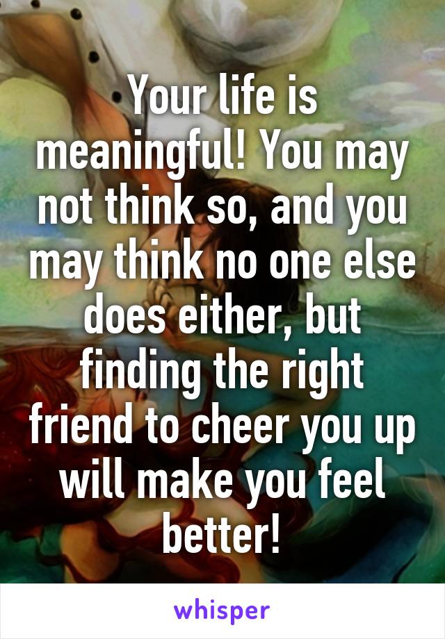 Your life is meaningful! You may not think so, and you may think no one else does either, but finding the right friend to cheer you up will make you feel better!