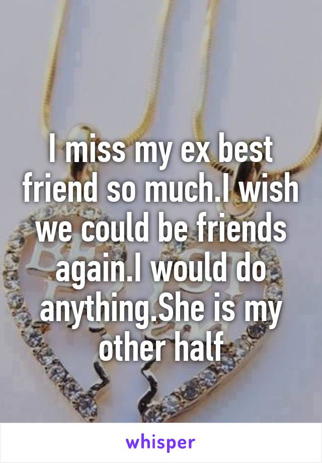 
I miss my ex best friend so much.I wish we could be friends again.I would do anything.She is my other half