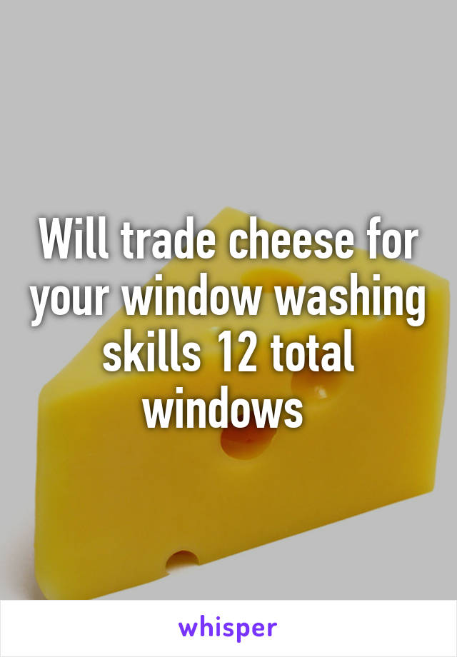 Will trade cheese for your window washing skills 12 total windows 