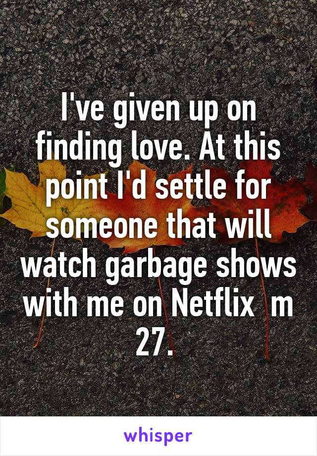 I've given up on finding love. At this point I'd settle for someone that will watch garbage shows with me on Netflix  m 27. 