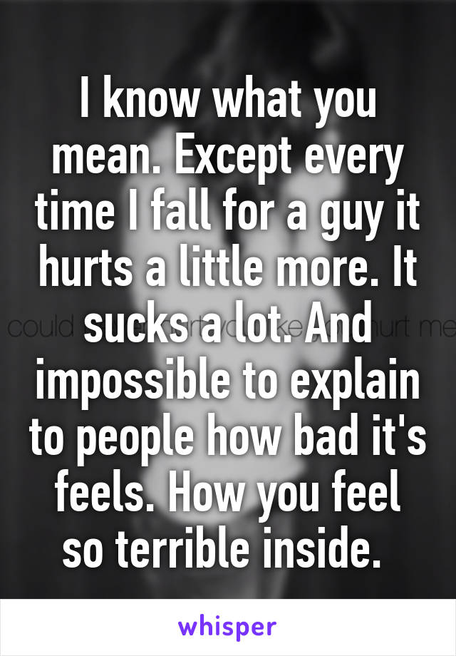 I know what you mean. Except every time I fall for a guy it hurts a little more. It sucks a lot. And impossible to explain to people how bad it's feels. How you feel so terrible inside. 