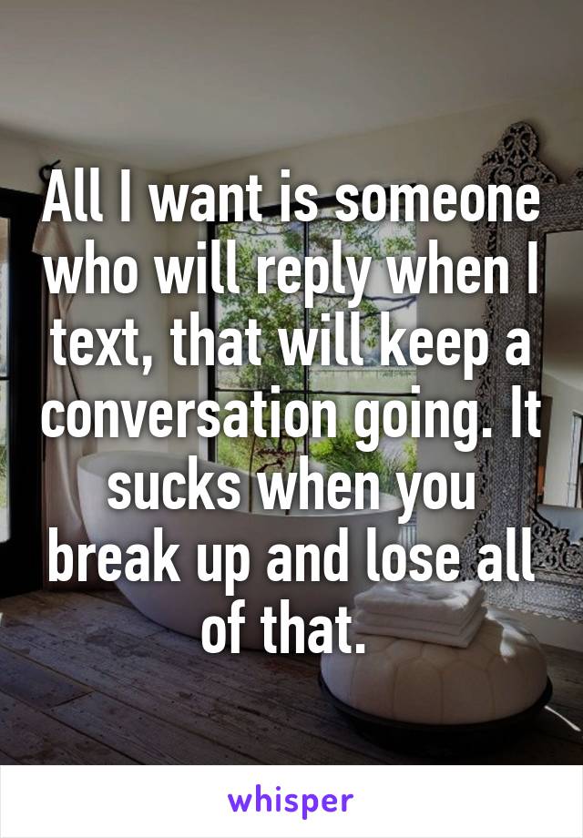 All I want is someone who will reply when I text, that will keep a conversation going. It sucks when you break up and lose all of that. 