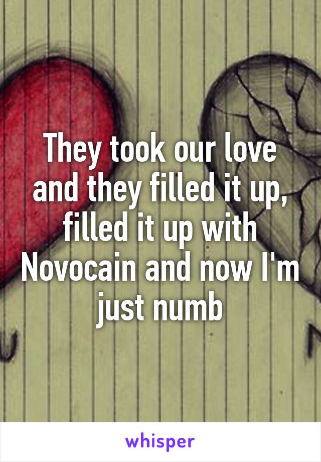 They took our love and they filled it up, filled it up with Novocain and now I'm just numb