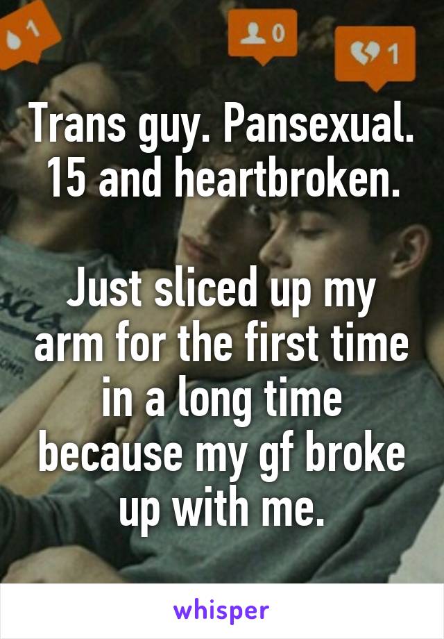 Trans guy. Pansexual. 15 and heartbroken.

Just sliced up my arm for the first time in a long time because my gf broke up with me.