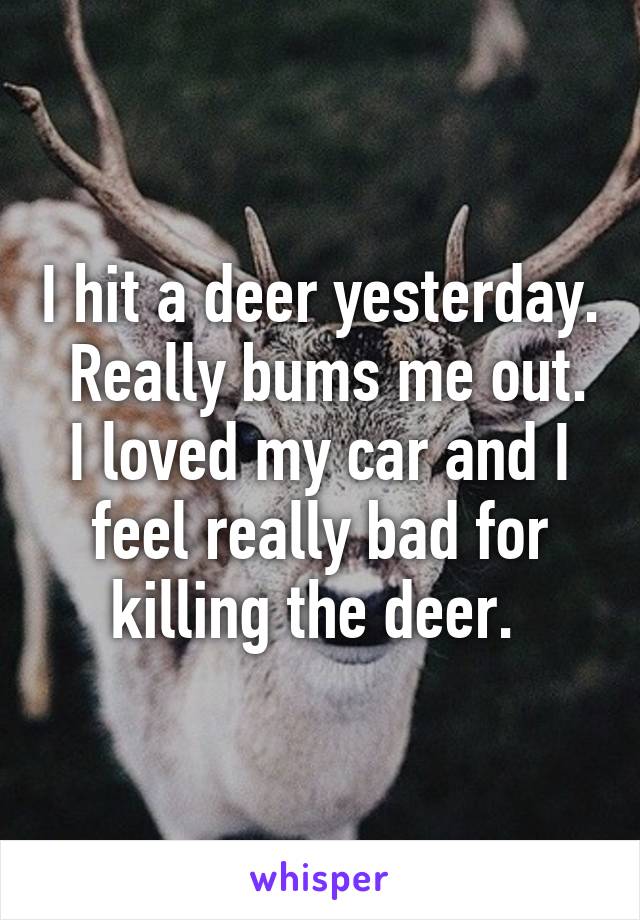 I hit a deer yesterday.  Really bums me out. I loved my car and I feel really bad for killing the deer. 