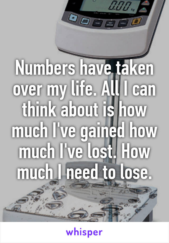 Numbers have taken over my life. All I can think about is how much I've gained how much I've lost. How much I need to lose.