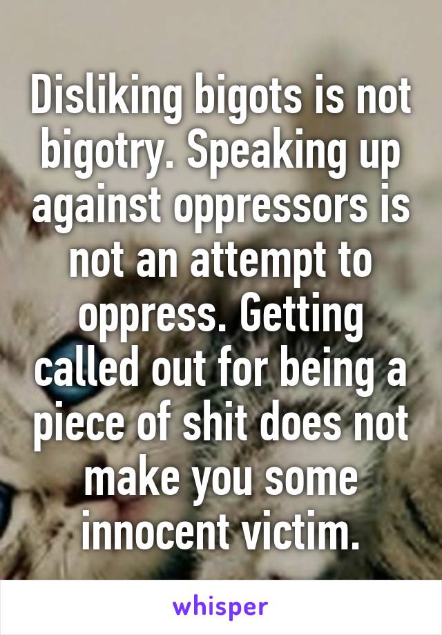 Disliking bigots is not bigotry. Speaking up against oppressors is not an attempt to oppress. Getting called out for being a piece of shit does not make you some innocent victim.