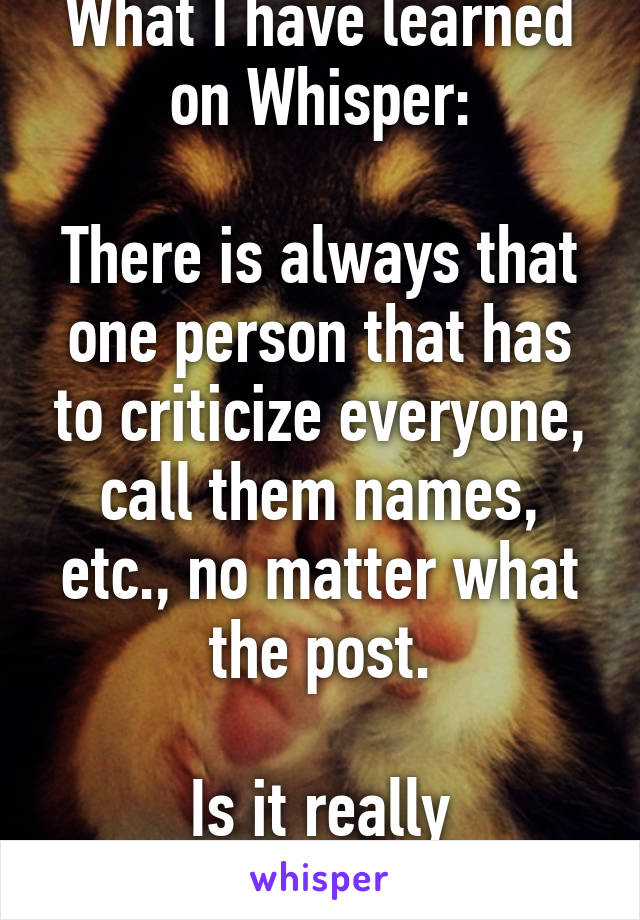 What I have learned on Whisper:

There is always that one person that has to criticize everyone, call them names, etc., no matter what the post.

Is it really necessary? 