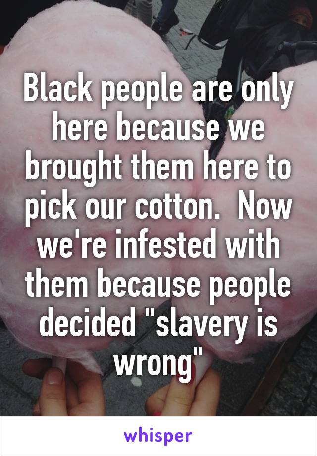 Black people are only here because we brought them here to pick our cotton.  Now we're infested with them because people decided "slavery is wrong"