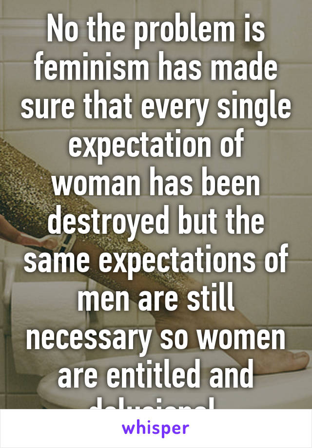 No the problem is feminism has made sure that every single expectation of woman has been destroyed but the same expectations of men are still necessary so women are entitled and delusional.