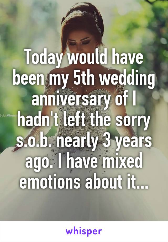 Today would have been my 5th wedding anniversary of I hadn't left the sorry s.o.b. nearly 3 years ago. I have mixed emotions about it...