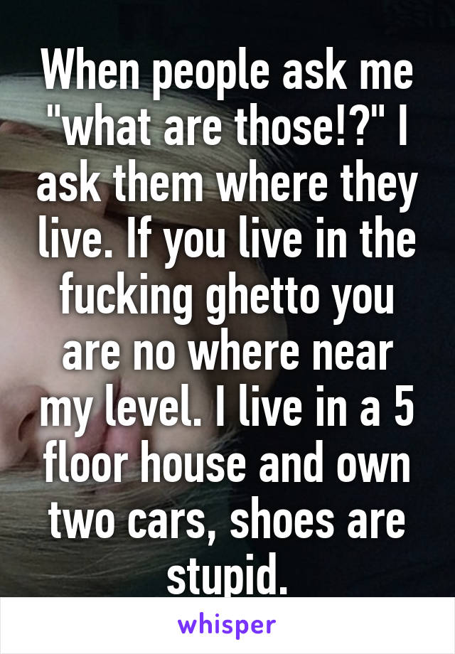 When people ask me "what are those!?" I ask them where they live. If you live in the fucking ghetto you are no where near my level. I live in a 5 floor house and own two cars, shoes are stupid.