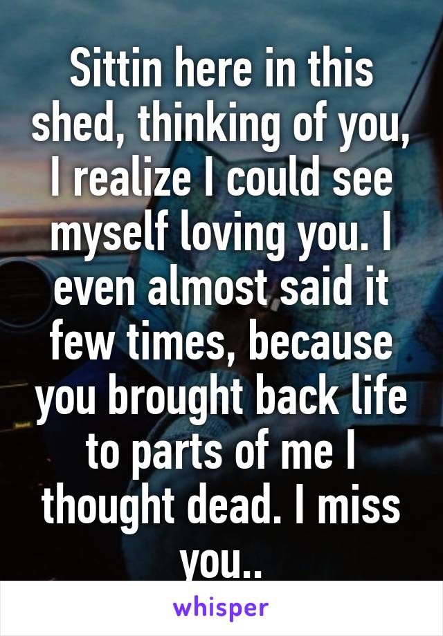 Sittin here in this shed, thinking of you, I realize I could see myself loving you. I even almost said it few times, because you brought back life to parts of me I thought dead. I miss you..