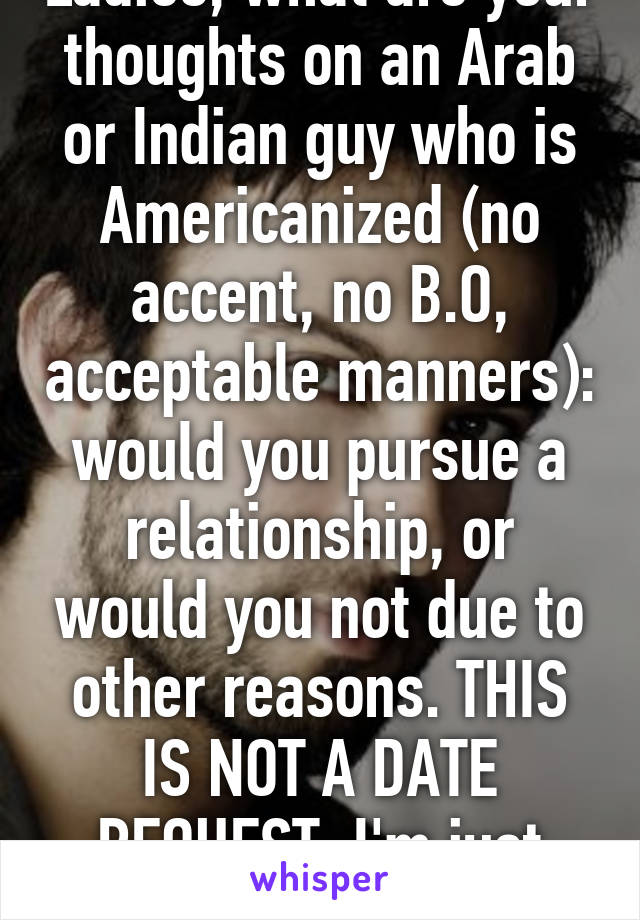 Ladies, what are your thoughts on an Arab or Indian guy who is Americanized (no accent, no B.O, acceptable manners): would you pursue a relationship, or would you not due to other reasons. THIS IS NOT A DATE REQUEST, I'm just curious.