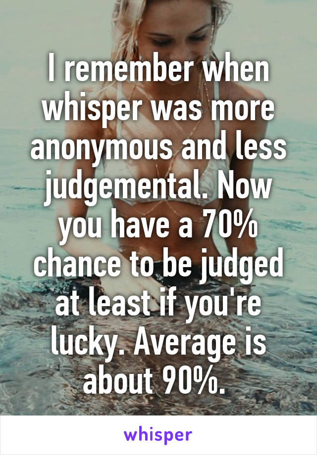 I remember when whisper was more anonymous and less judgemental. Now you have a 70% chance to be judged at least if you're lucky. Average is about 90%. 