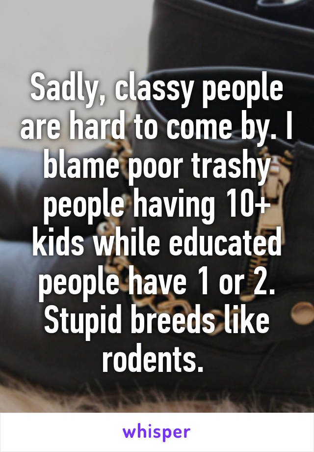 Sadly, classy people are hard to come by. I blame poor trashy people having 10+ kids while educated people have 1 or 2. Stupid breeds like rodents. 