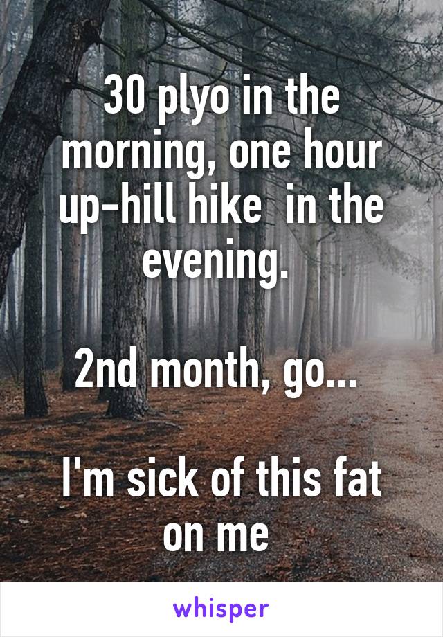 30 plyo in the morning, one hour up-hill hike  in the evening. 

2nd month, go... 

I'm sick of this fat on me 