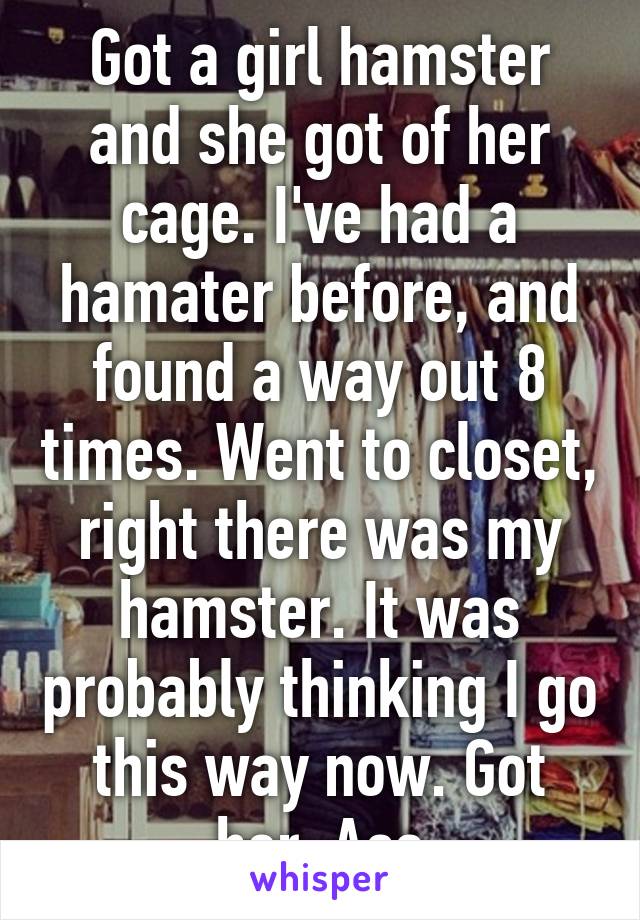 Got a girl hamster and she got of her cage. I've had a hamater before, and found a way out 8 times. Went to closet, right there was my hamster. It was probably thinking I go this way now. Got her. Ass