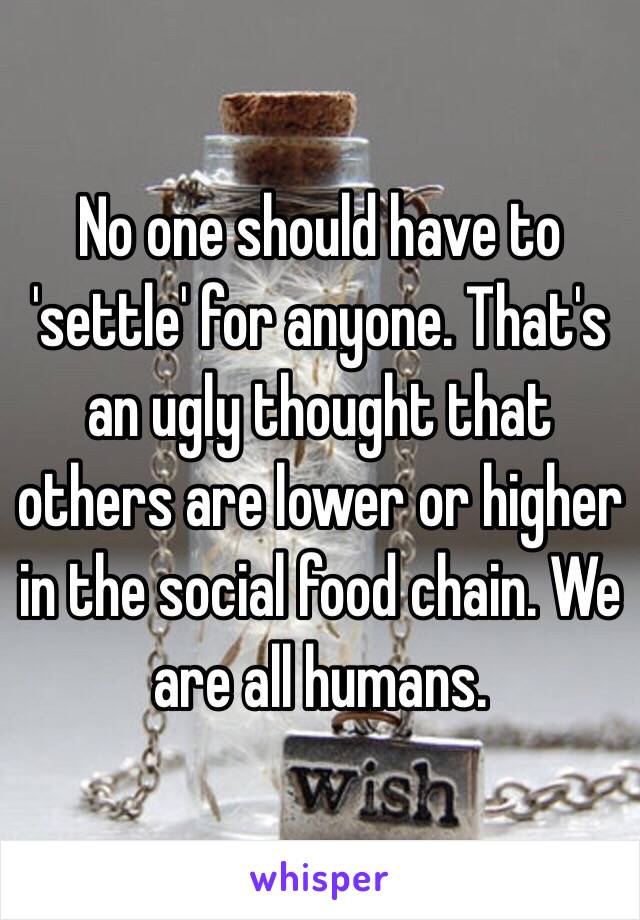 No one should have to 'settle' for anyone. That's an ugly thought that others are lower or higher in the social food chain. We are all humans. 