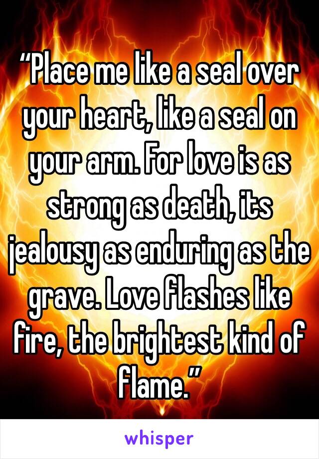  “Place me like a seal over your heart, like a seal on your arm. For love is as strong as death, its jealousy as enduring as the grave. Love flashes like fire, the brightest kind of flame.”