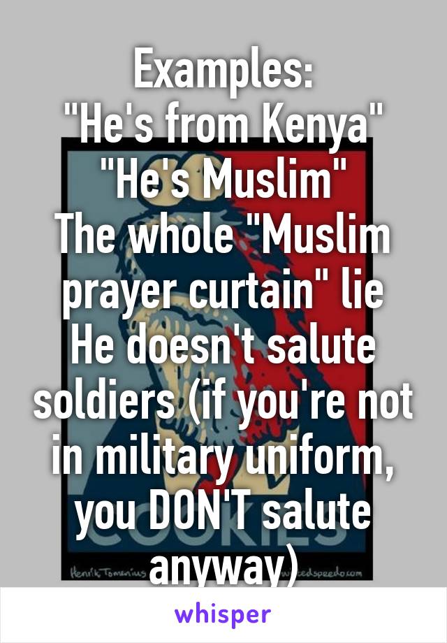 Examples:
"He's from Kenya"
"He's Muslim"
The whole "Muslim prayer curtain" lie
He doesn't salute soldiers (if you're not in military uniform, you DON'T salute anyway)