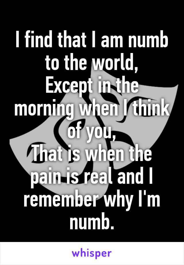 I find that I am numb to the world,
Except in the morning when I think of you,
That is when the pain is real and I remember why I'm numb.