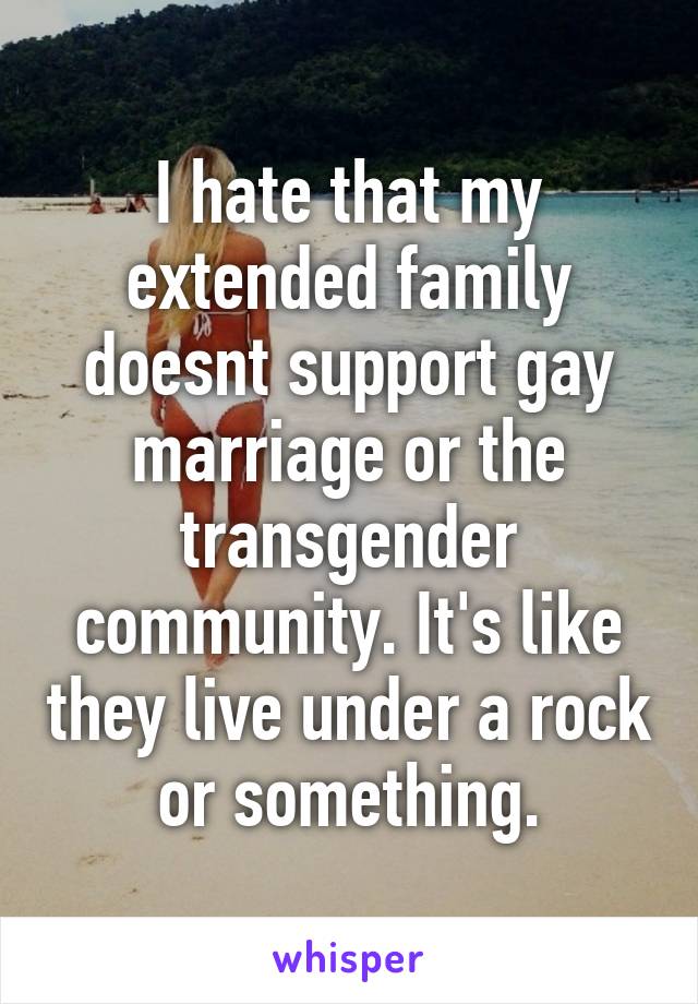 I hate that my extended family doesnt support gay marriage or the transgender community. It's like they live under a rock or something.