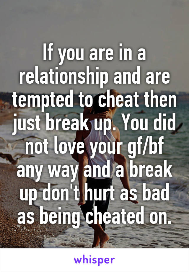 If you are in a relationship and are tempted to cheat then just break up. You did not love your gf/bf any way and a break up don't hurt as bad as being cheated on.