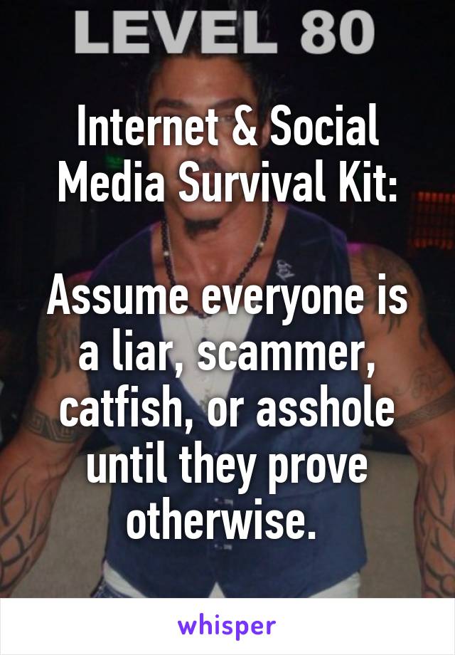 Internet & Social Media Survival Kit:

Assume everyone is a liar, scammer, catfish, or asshole until they prove otherwise. 