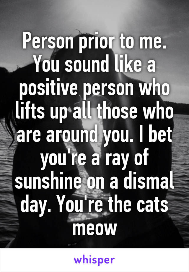 Person prior to me. You sound like a positive person who lifts up all those who are around you. I bet you're a ray of sunshine on a dismal day. You're the cats meow