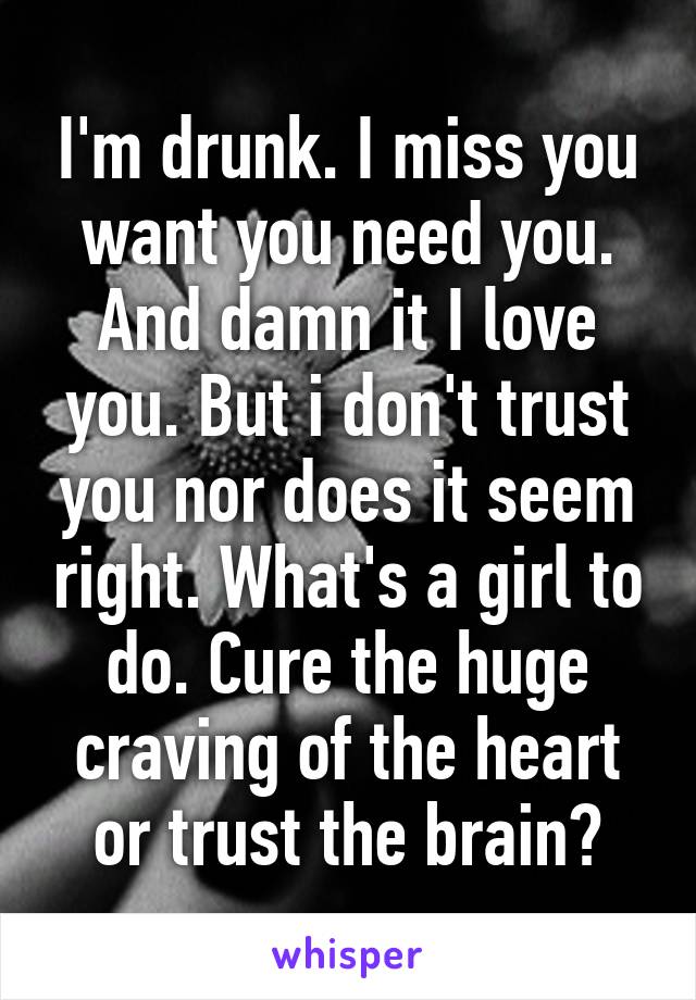 I'm drunk. I miss you want you need you. And damn it I love you. But i don't trust you nor does it seem right. What's a girl to do. Cure the huge craving of the heart or trust the brain?