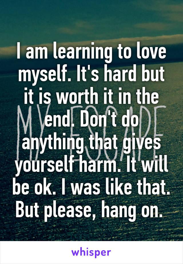 I am learning to love myself. It's hard but it is worth it in the end. Don't do anything that gives yourself harm. It will be ok. I was like that. But please, hang on. 