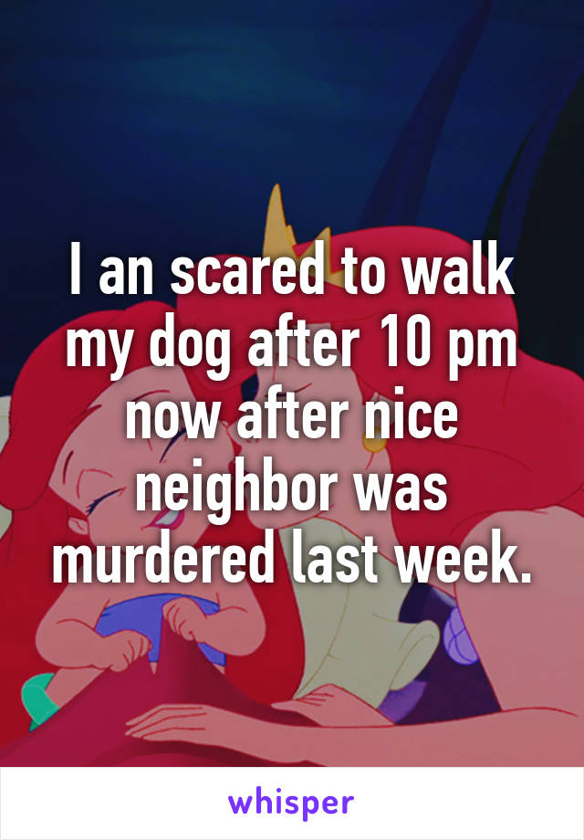 I an scared to walk my dog after 10 pm now after nice neighbor was murdered last week.