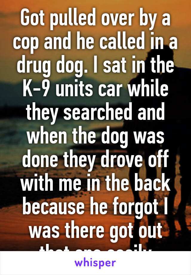 Got pulled over by a cop and he called in a drug dog. I sat in the K-9 units car while they searched and when the dog was done they drove off with me in the back because he forgot I was there got out that one easily