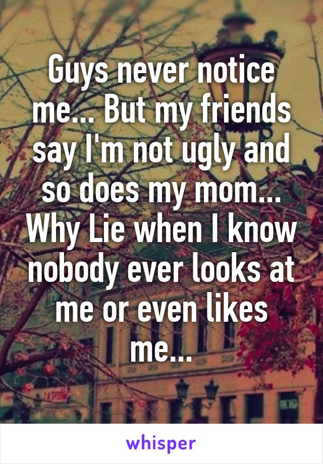 Guys never notice me... But my friends say I'm not ugly and so does my mom... Why Lie when I know nobody ever looks at me or even likes me...
