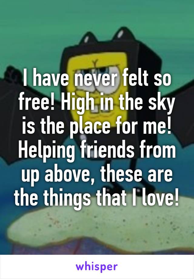 I have never felt so free! High in the sky is the place for me! Helping friends from up above, these are the things that I love!