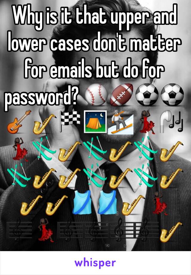 Why is it that upper and lower cases don't matter for emails but do for password? ⚾️🏈⚽️⚽️🎸🎷🏁⛺️🏂💃🏿🎧💃🏿🎿🎷🎿🎷🎿🎷🎿🎷🎷🎿🎷🎿🎷🎷🎷🎽🎽🎷💃🏿🎼💃🏿🎼🎼🎼🎼🎷