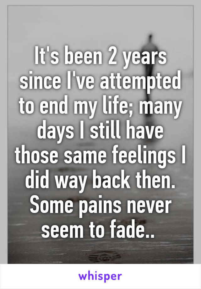 It's been 2 years since I've attempted to end my life; many days I still have those same feelings I did way back then. Some pains never seem to fade.. 