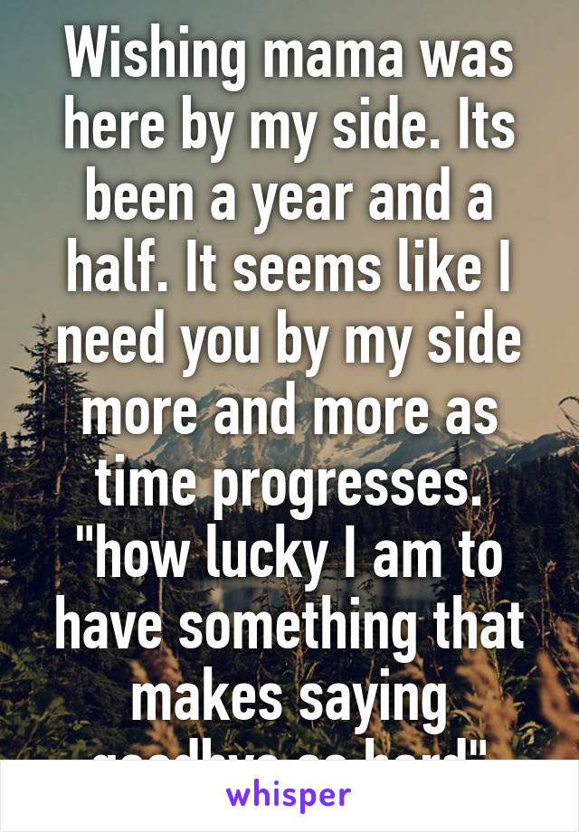 Wishing mama was here by my side. Its been a year and a half. It seems like I need you by my side more and more as time progresses. "how lucky I am to have something that makes saying goodbye so hard"
