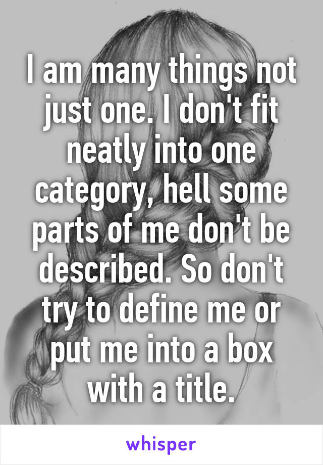 I am many things not just one. I don't fit neatly into one category, hell some parts of me don't be described. So don't try to define me or put me into a box with a title.