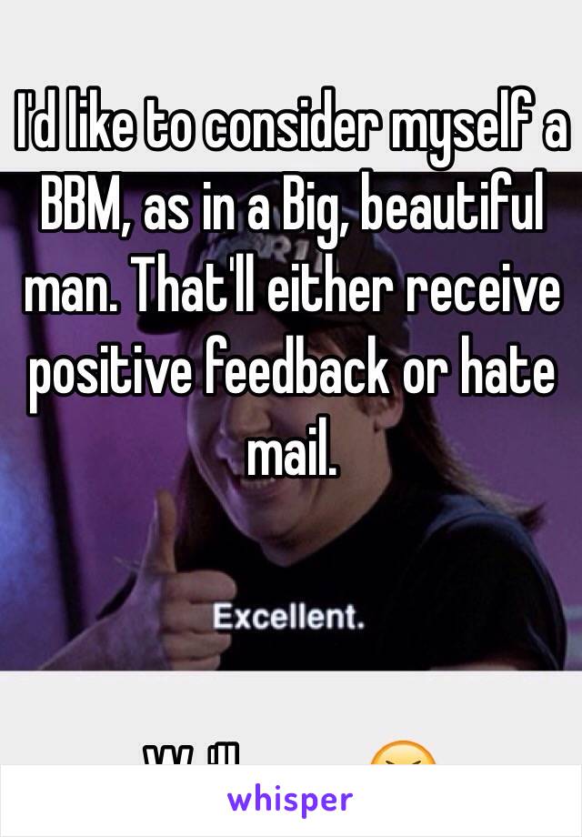 I'd like to consider myself a BBM, as in a Big, beautiful man. That'll either receive positive feedback or hate mail.



We'll see.   😆