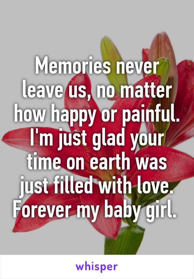 Memories never leave us, no matter how happy or painful. I'm just glad your time on earth was just filled with love. Forever my baby girl. 